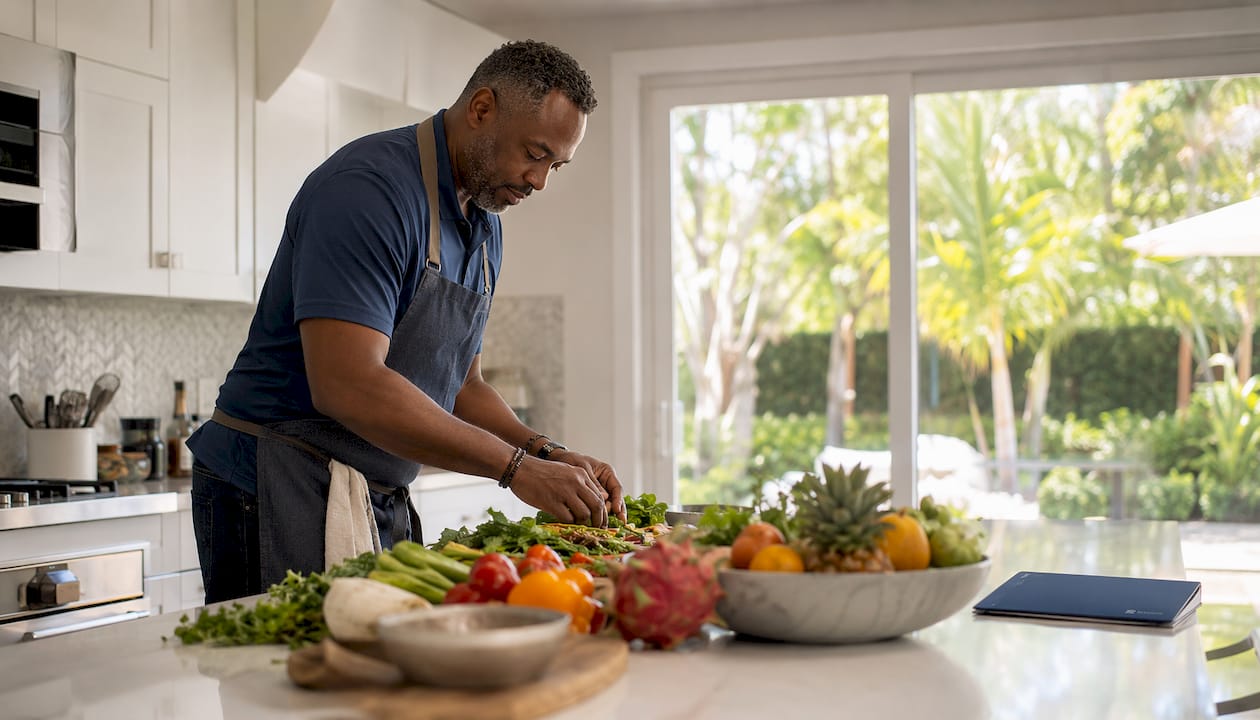 Chef preparing food at luxury kitchen island