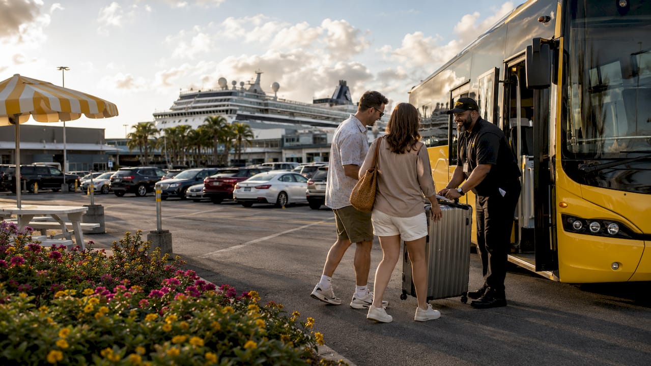 Busy cruise shuttle parking lot with shuttle bus