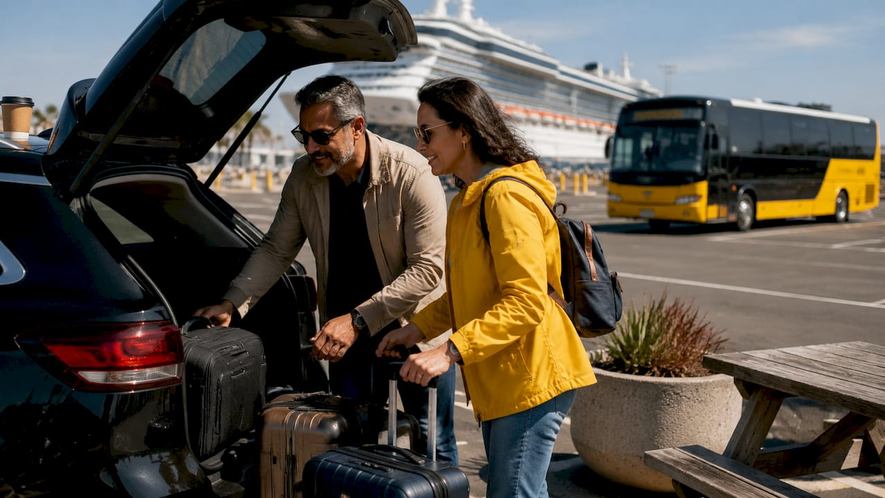 Couple loading luggage at reserved cruise parking