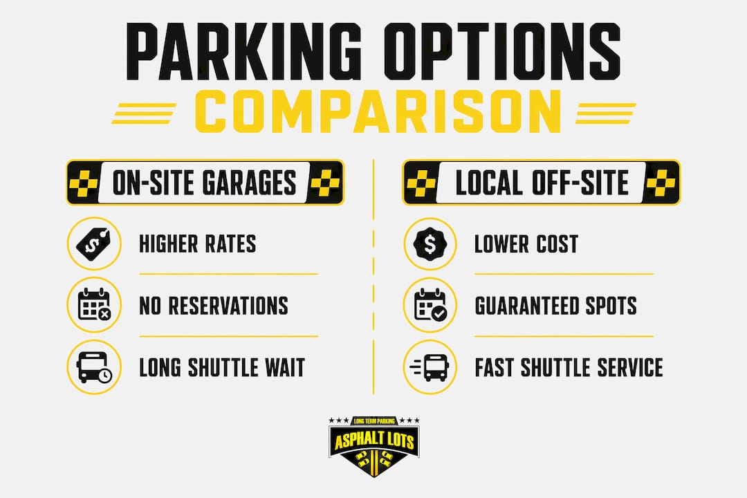 Infographic comparing on-site and local cruise parking options