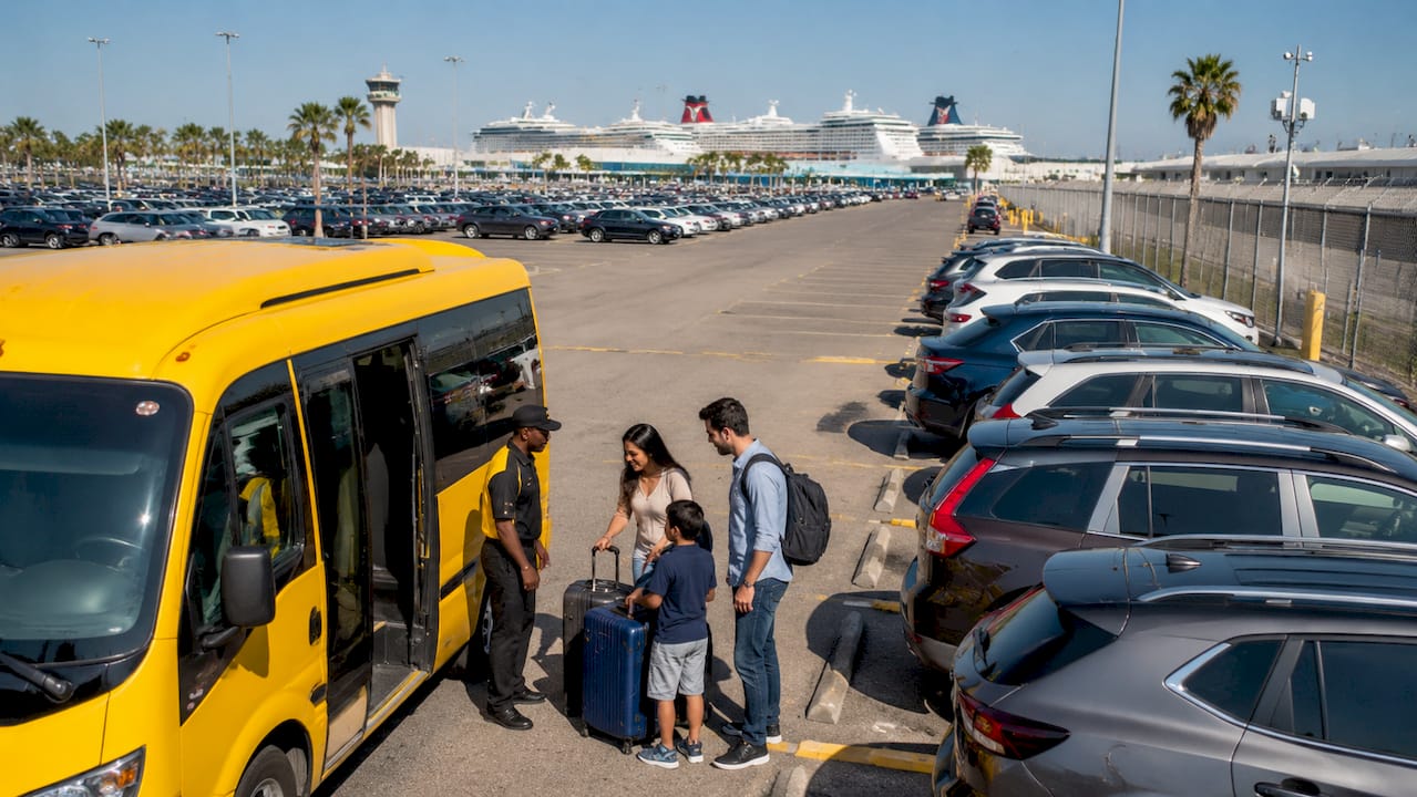 Off-site cruise parking shuttle loading luggage