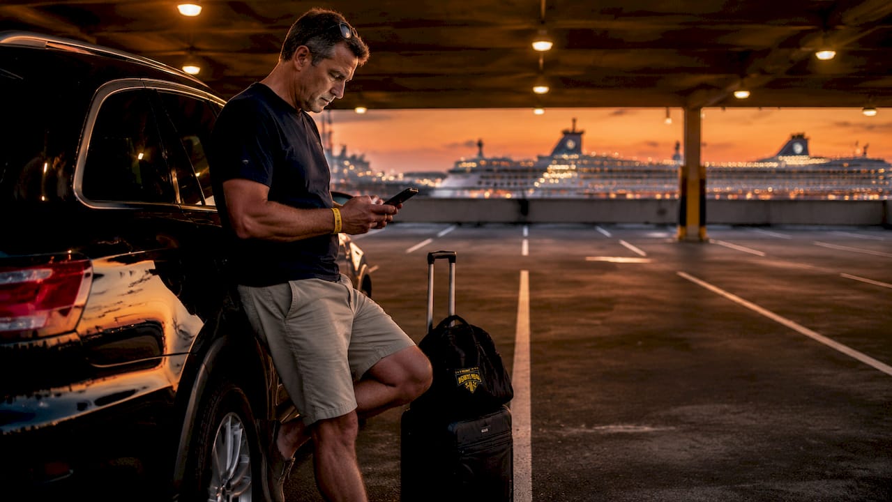 Traveler checking parking membership at cruise port