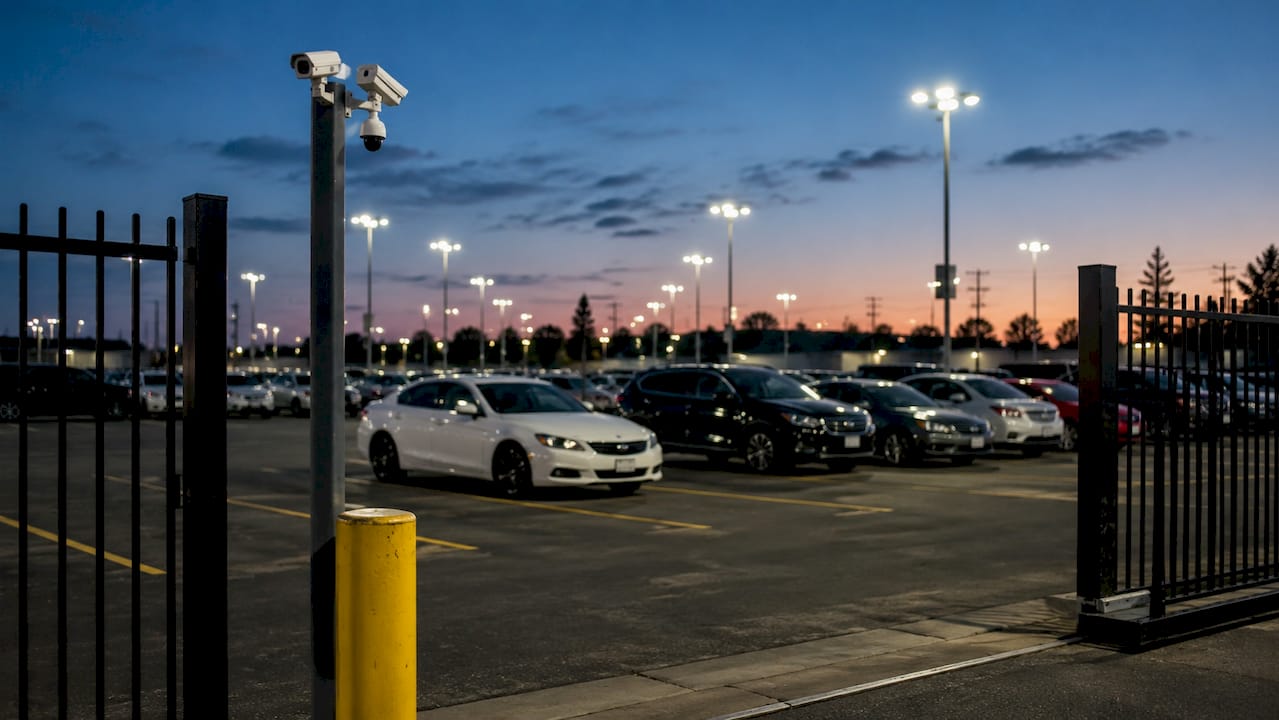 Secure parking lot with surveillance cameras at dusk