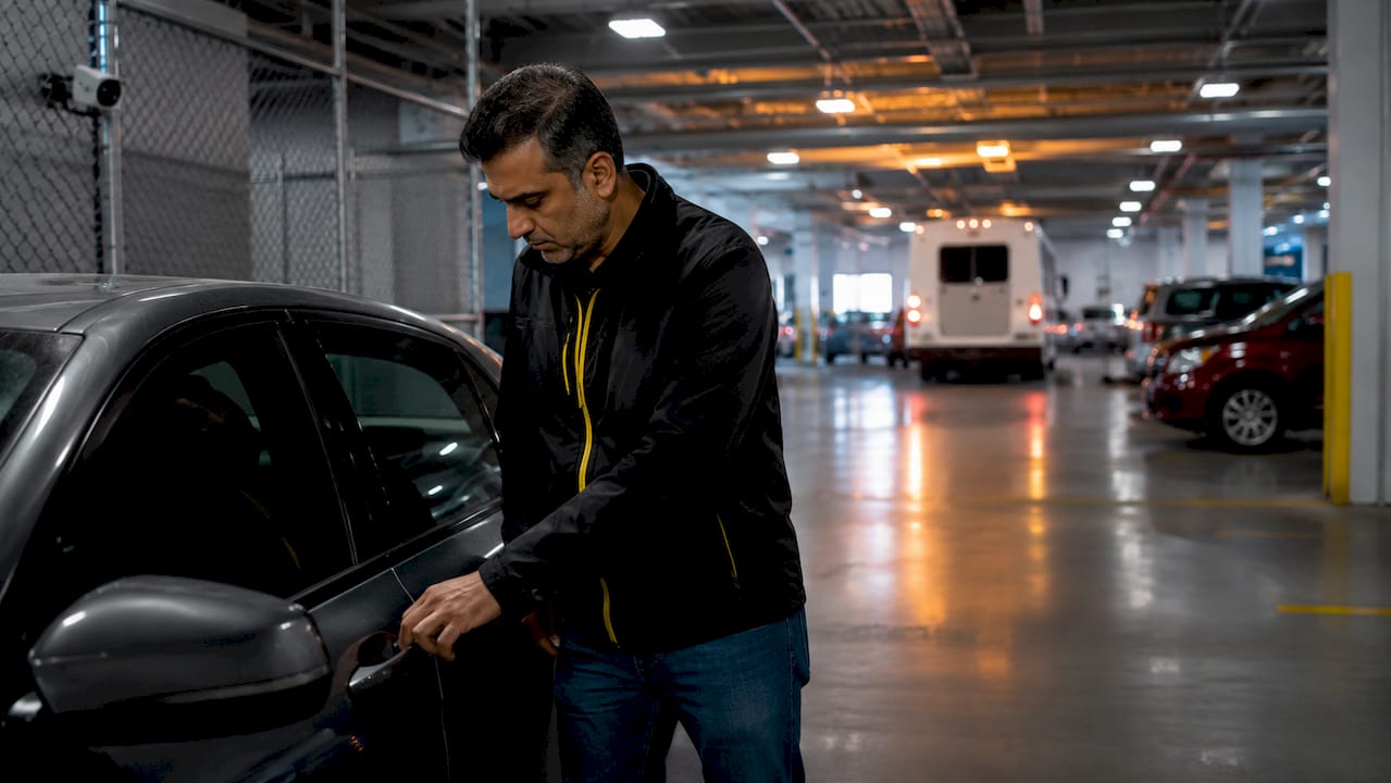 Man checking car in secure cruise parking