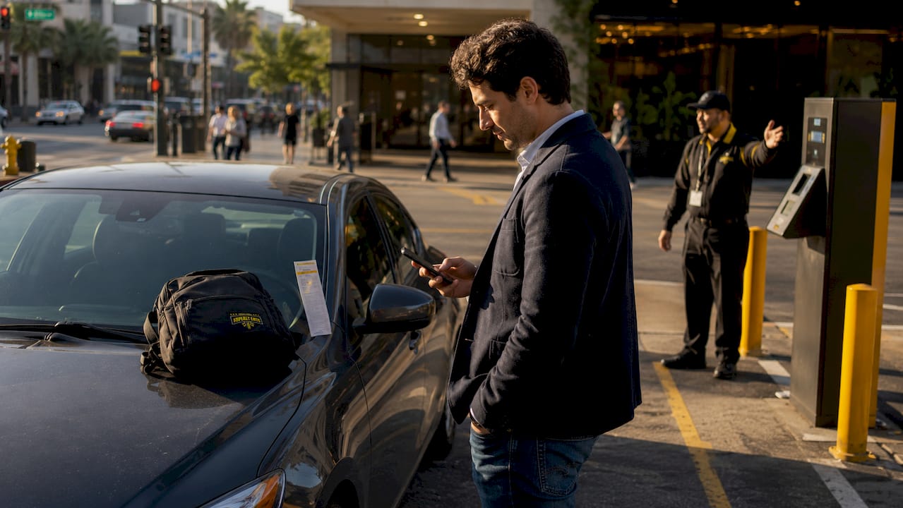 Traveler paying hotel parking fee on smartphone