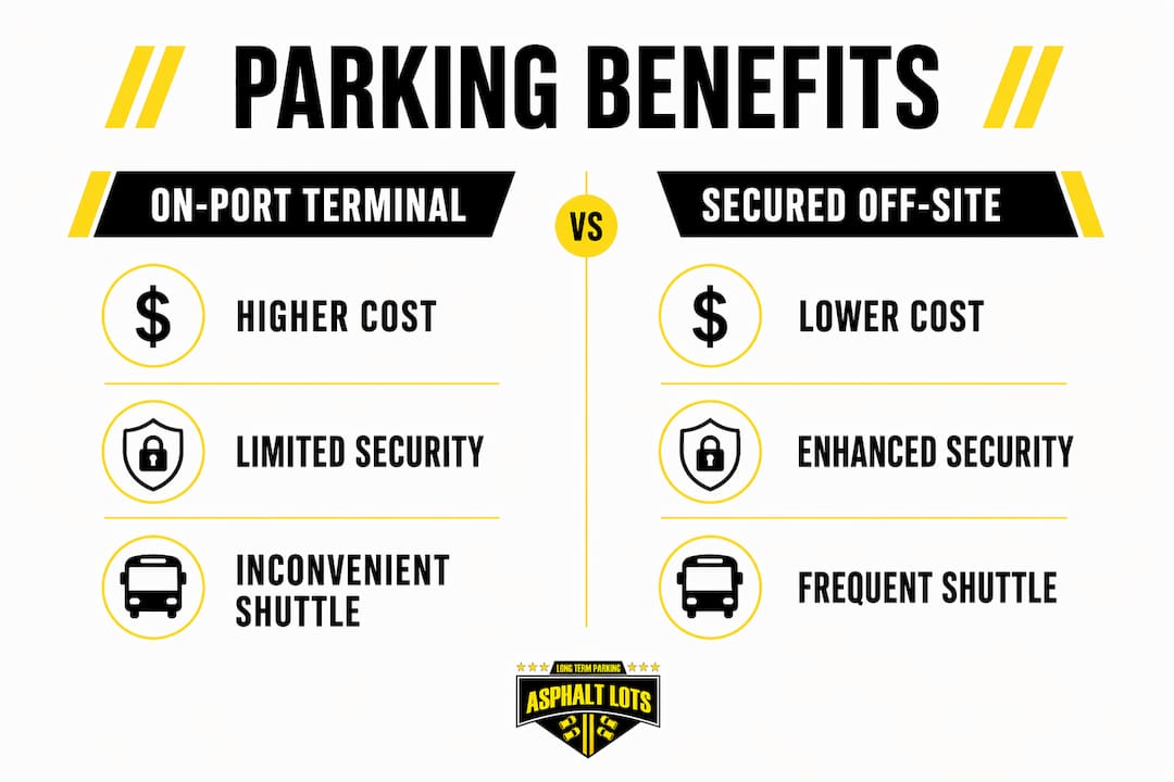 Infographic comparing on-port and off-site parking benefits