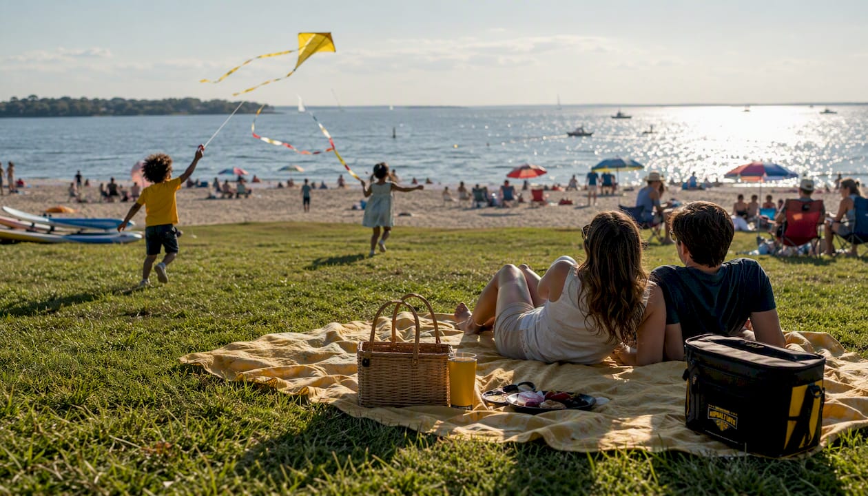 Families enjoying Ocean View Beach Park on sunny day