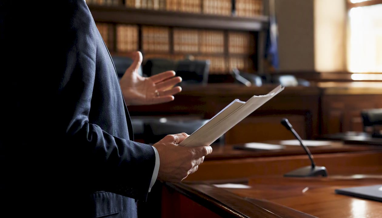 Prosecutor presenting evidence in courtroom