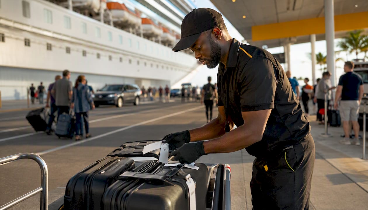 Porter tagging luggage curbside at cruise terminal