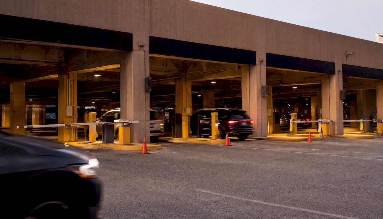 Cruise terminal parking garage entrance with multiple gates