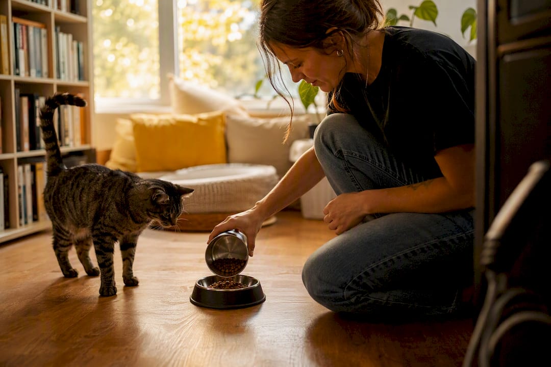Pet sitter feeding cat at home