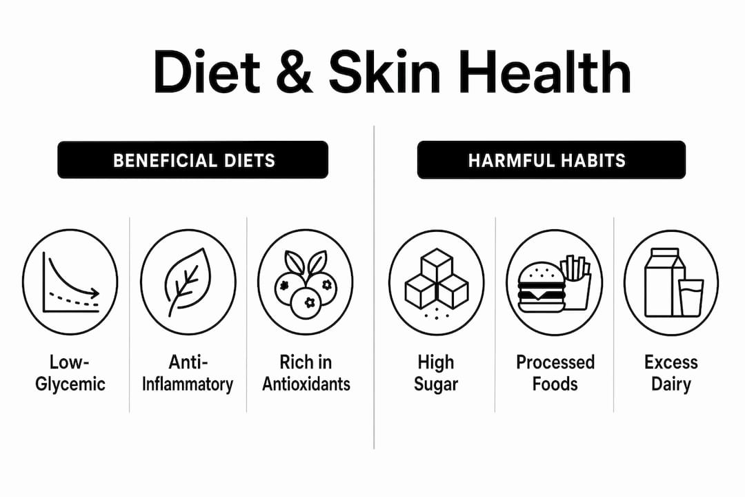 Infographic comparing beneficial and harmful diets for skin health
