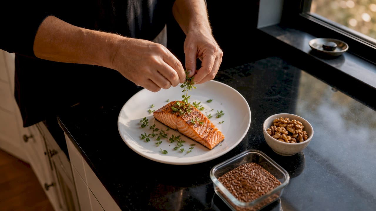 Close-up of omega-3 rich foods with hands preparing meal