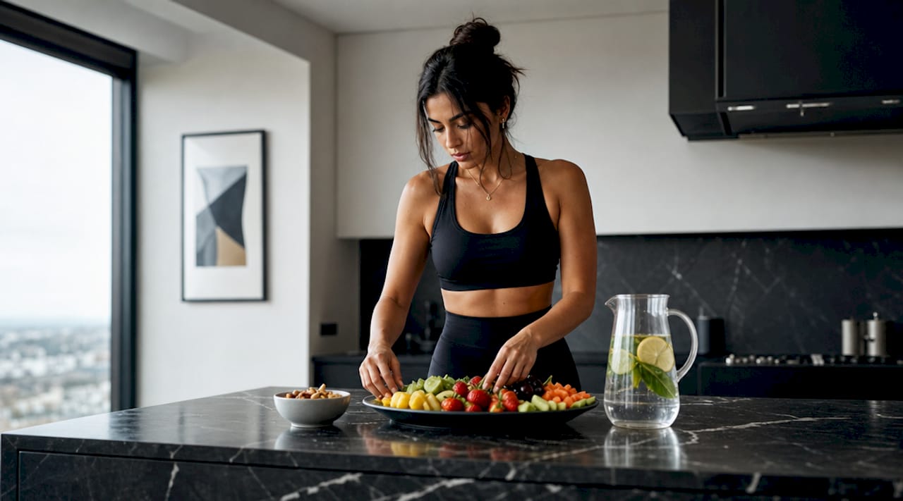 Woman preparing fresh fruits and vegetables in kitchen