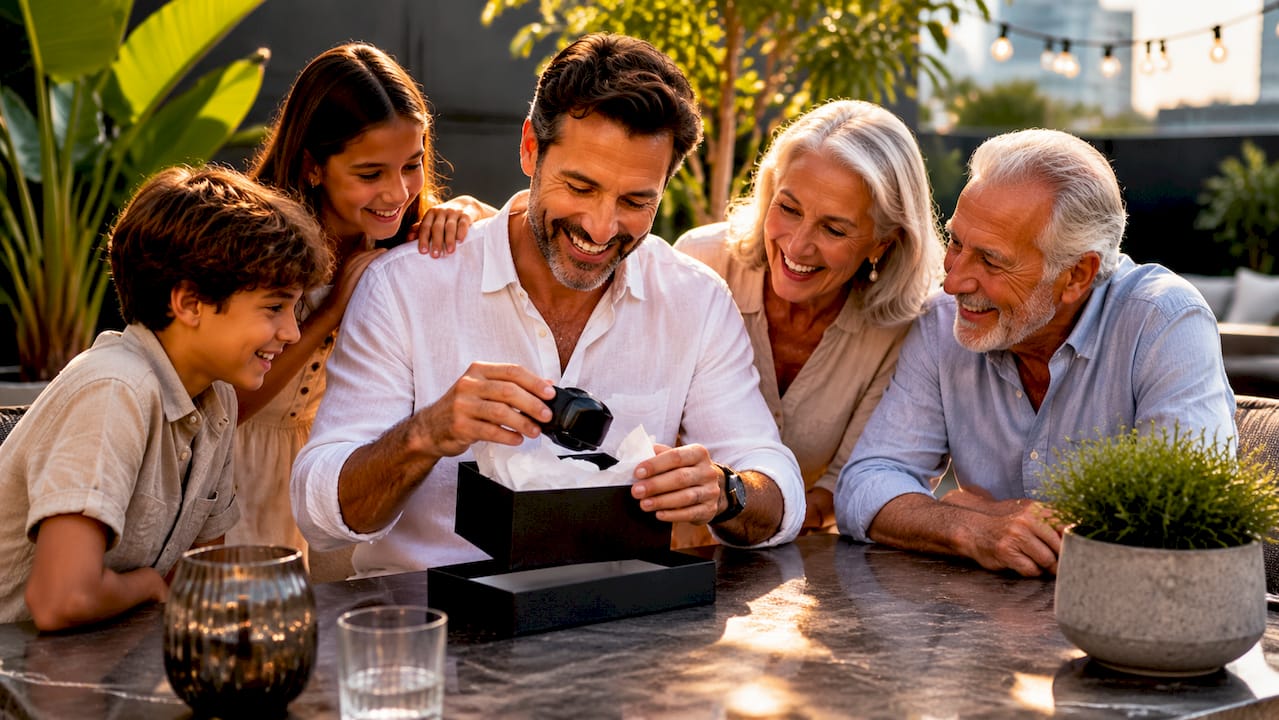 Family celebrating Father's Day with gifts outdoors