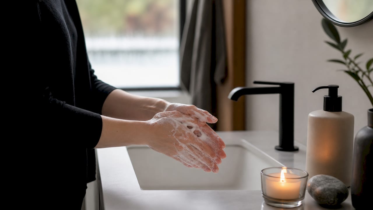Hands lathering gentle cleanser over sink