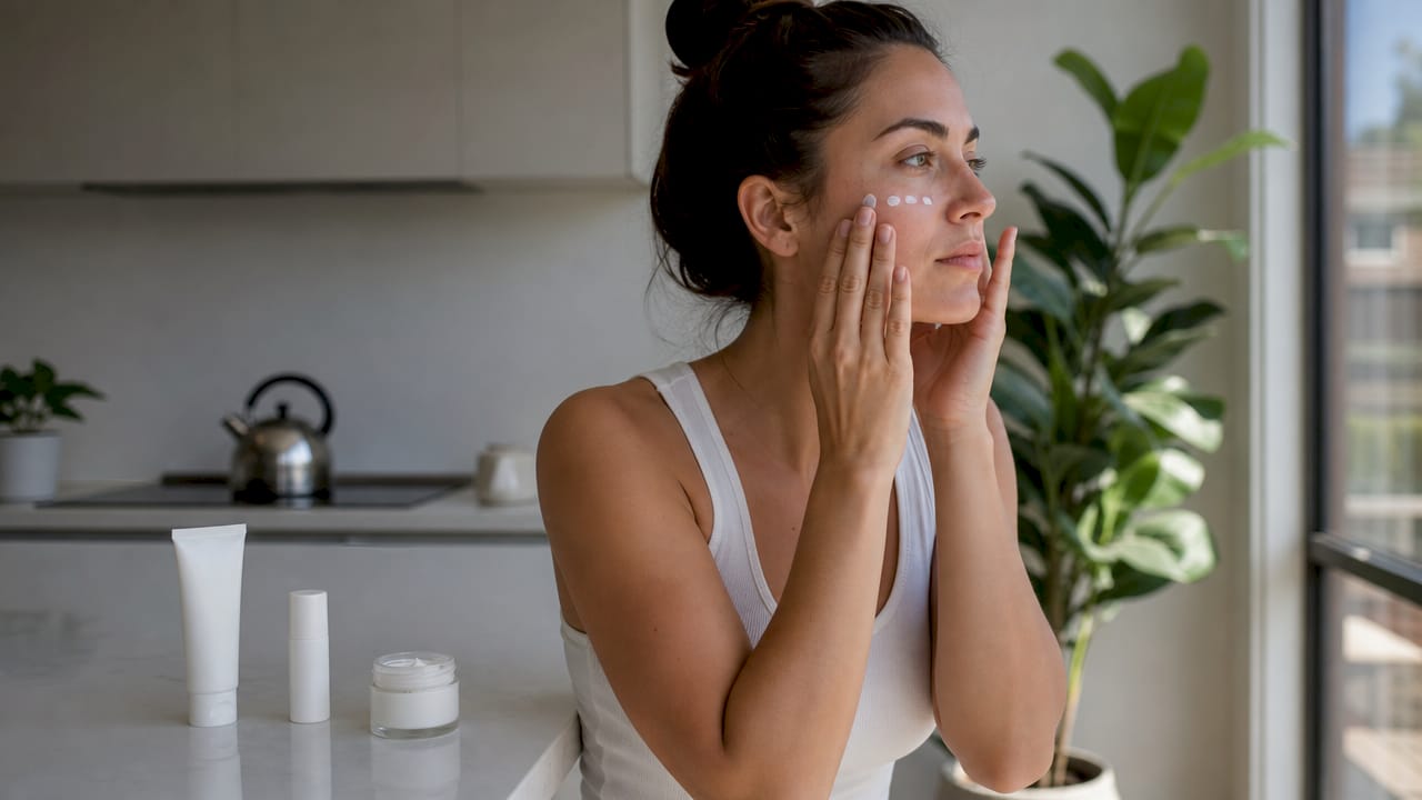 Woman applying moisturizer in bright bathroom