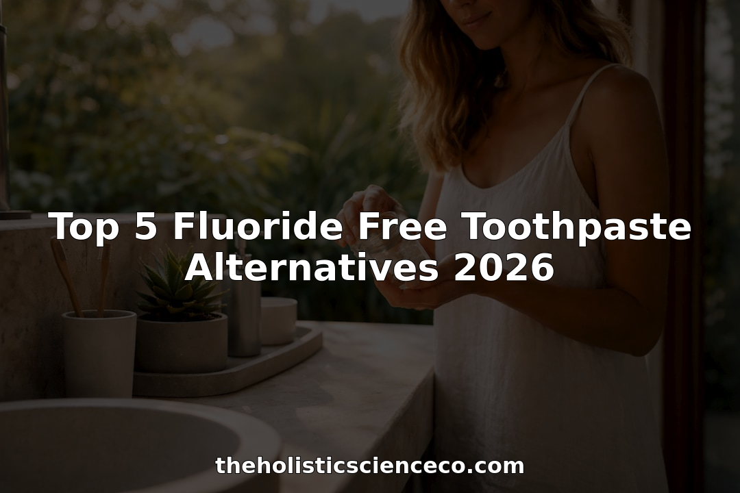 Woman holding natural toothpaste tablets in bathroom