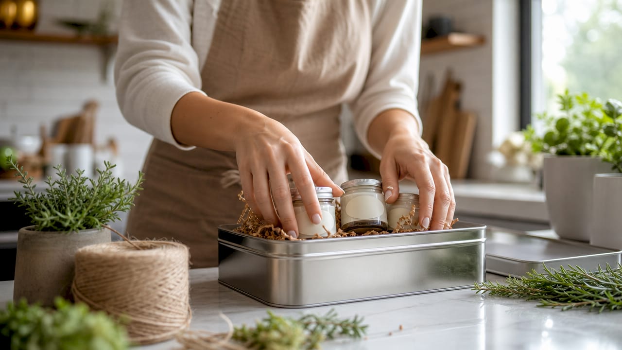 Hands packing handcrafted beauty jars in wooden workshop