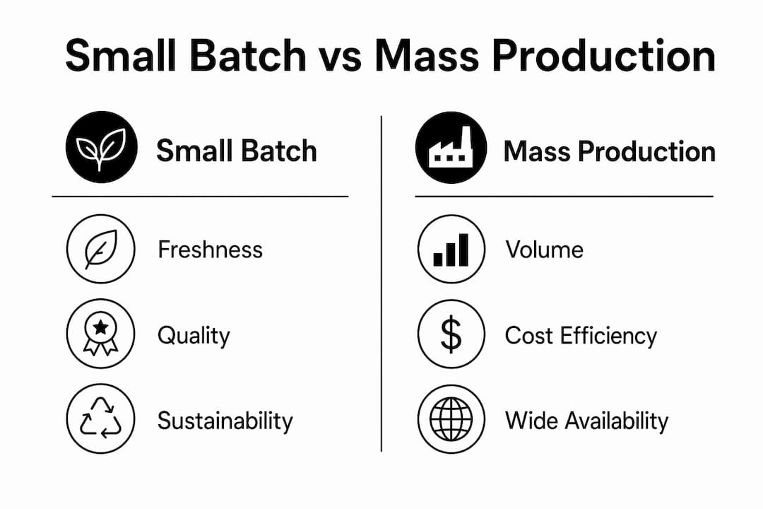 Infographic comparing small batch and mass production beauty products