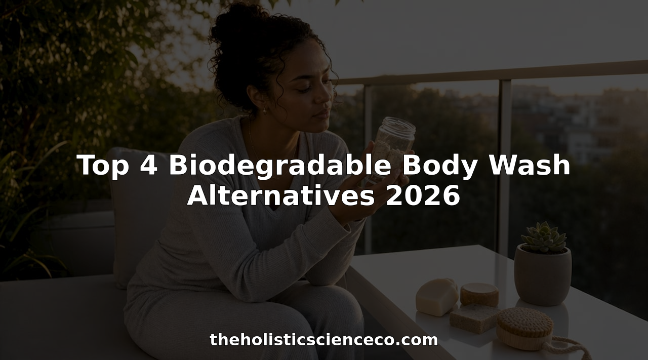 Woman holding biodegradable body wash in bright bathroom