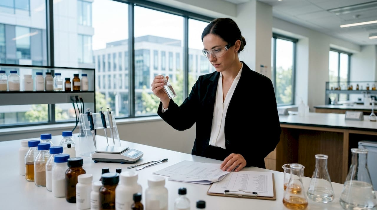 Cosmetic chemist examining clean beauty serum vial