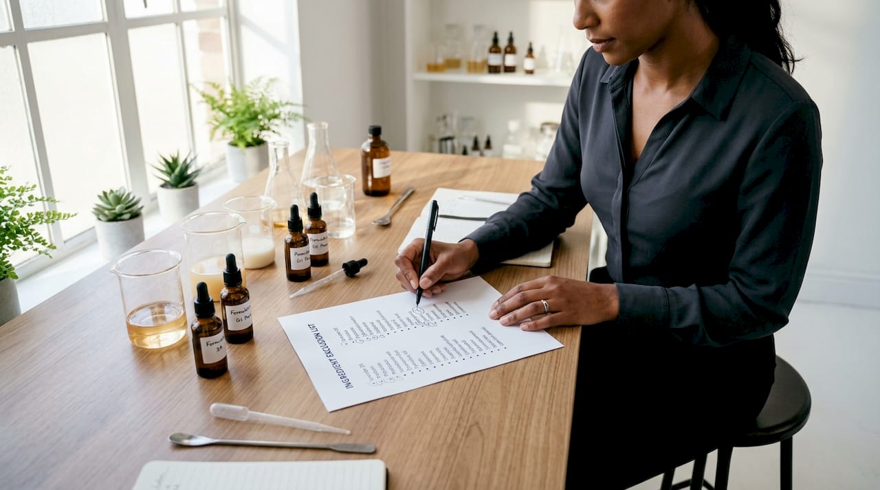 Formulator reviewing clean beauty ingredient exclusions