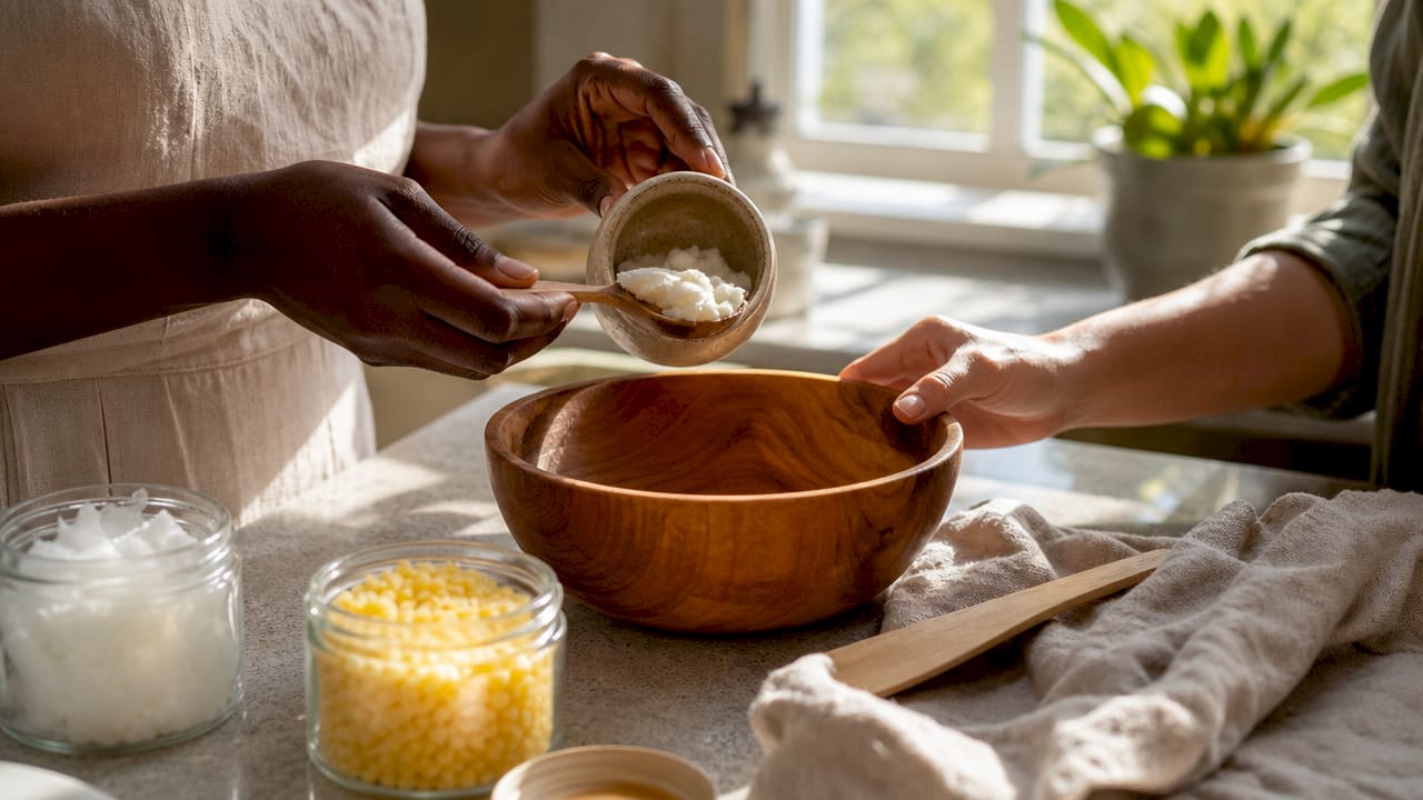 Hands scooping shea butter in kitchen bowl