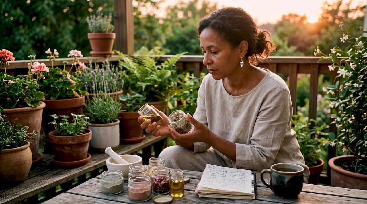 Woman examining natural skincare ingredients at table
