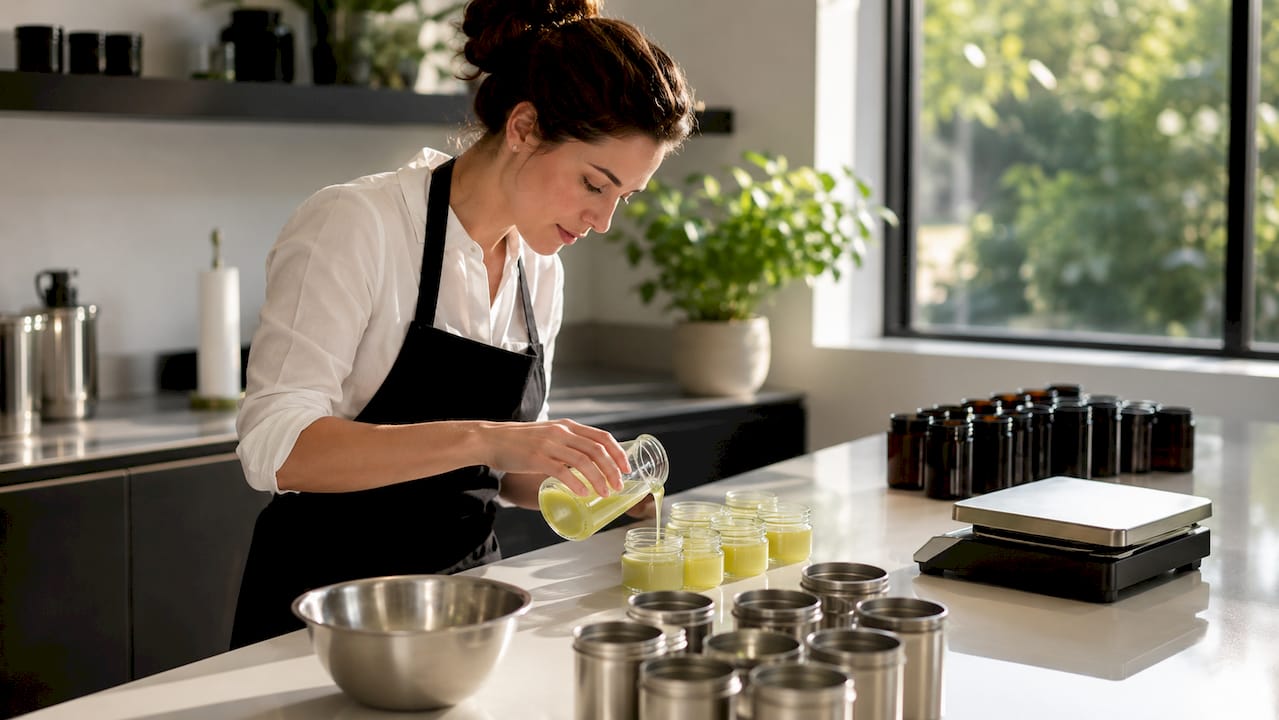 Woman making artisanal skincare products in kitchen