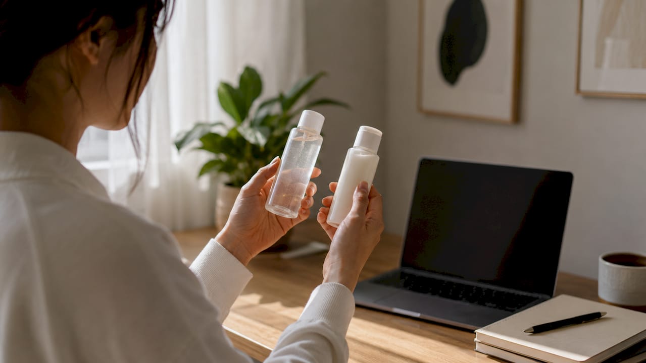 Hands holding two skincare bottles, differing textures