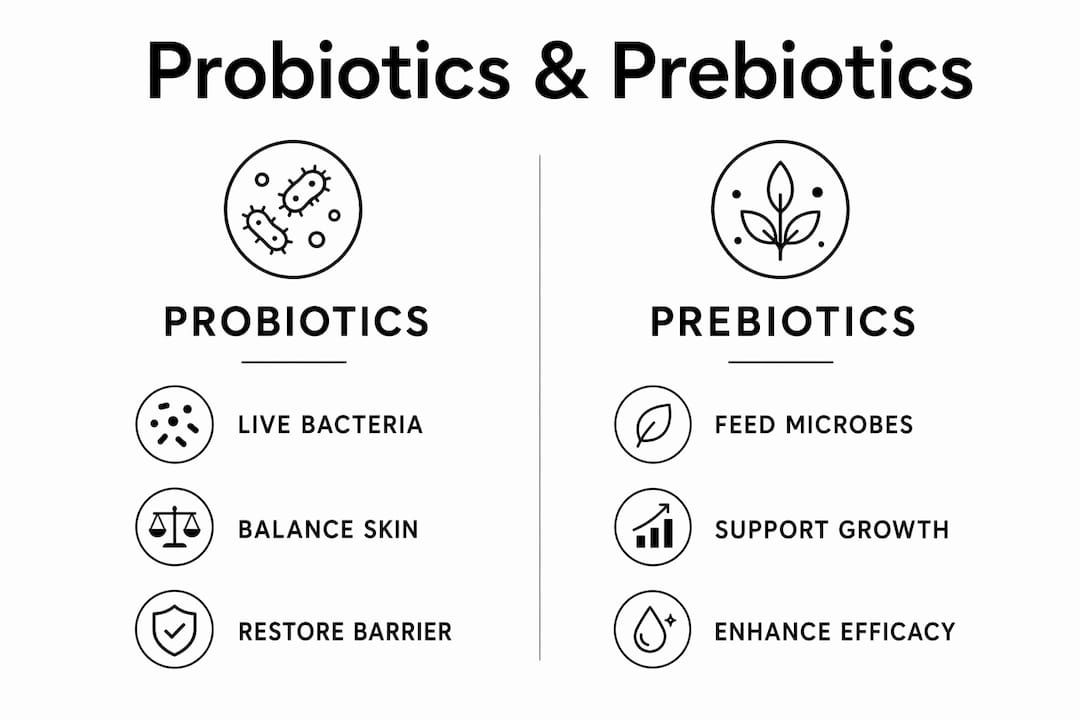 Infographic comparing probiotics and prebiotics skincare