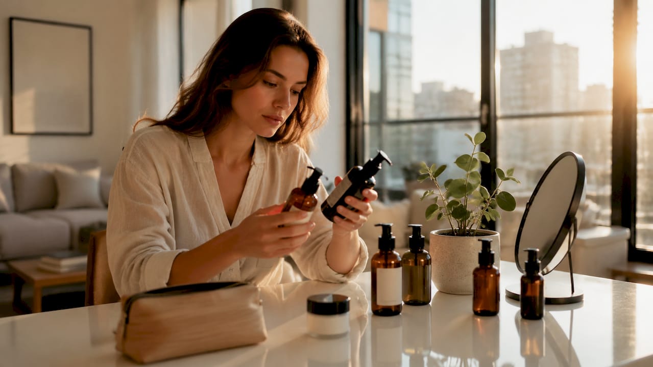 Woman reviewing non-toxic skincare product labels
