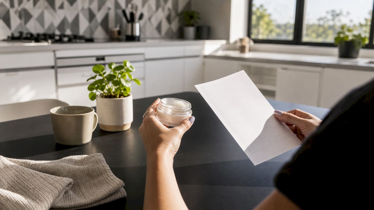 Hands examining paraben ingredient list on paper