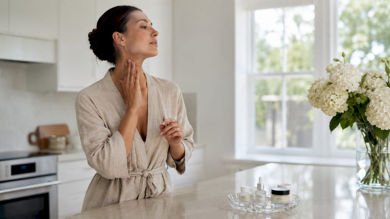 Woman applying moisturizer on neck in bathroom