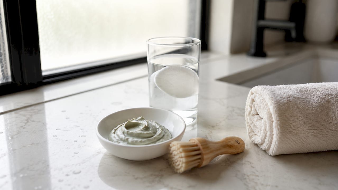 Top-down view of natural cleansing skincare products