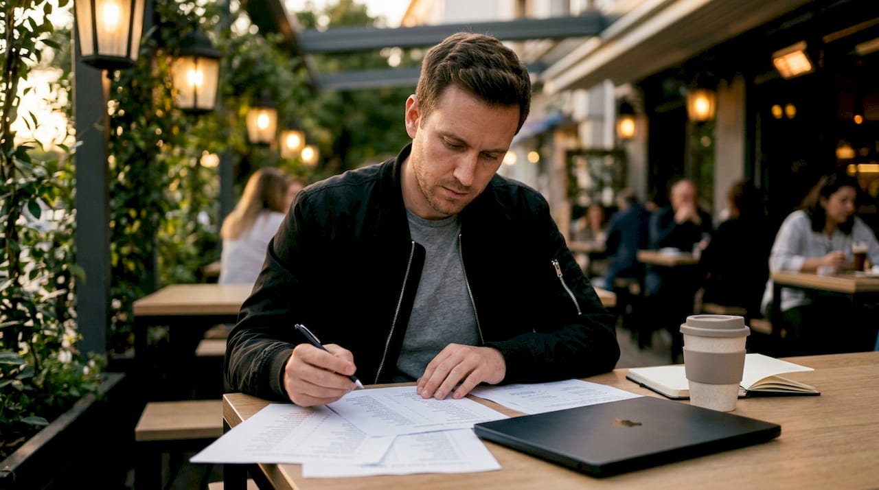 Man reviewing skincare ingredient lists at park bench