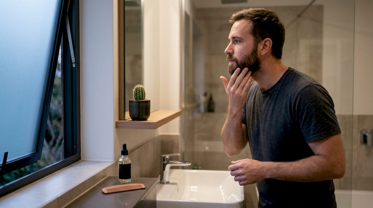 Man applying beard oil to skin beneath beard