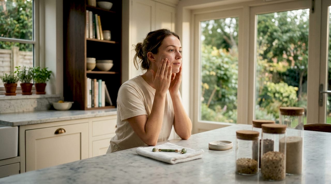 Woman applying facial cleanser in bright bedroom