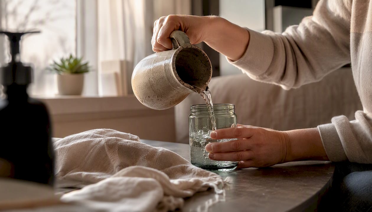 Hands rinsing and refilling a glass jar in kitchen