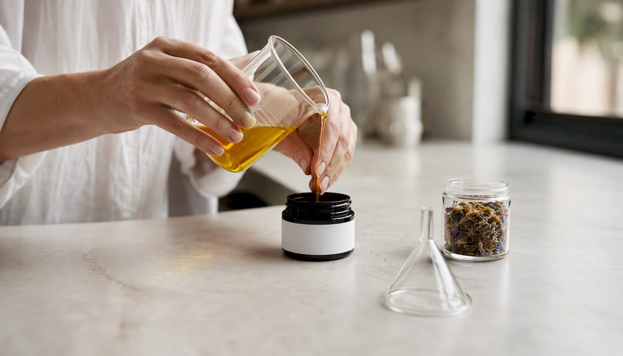 Hands pouring botanical extract into jar
