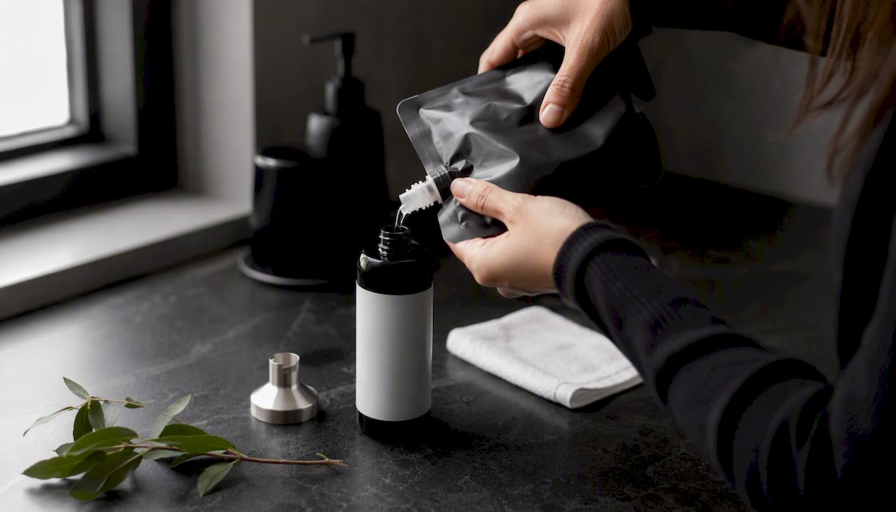 Hands refilling botanical skincare bottle