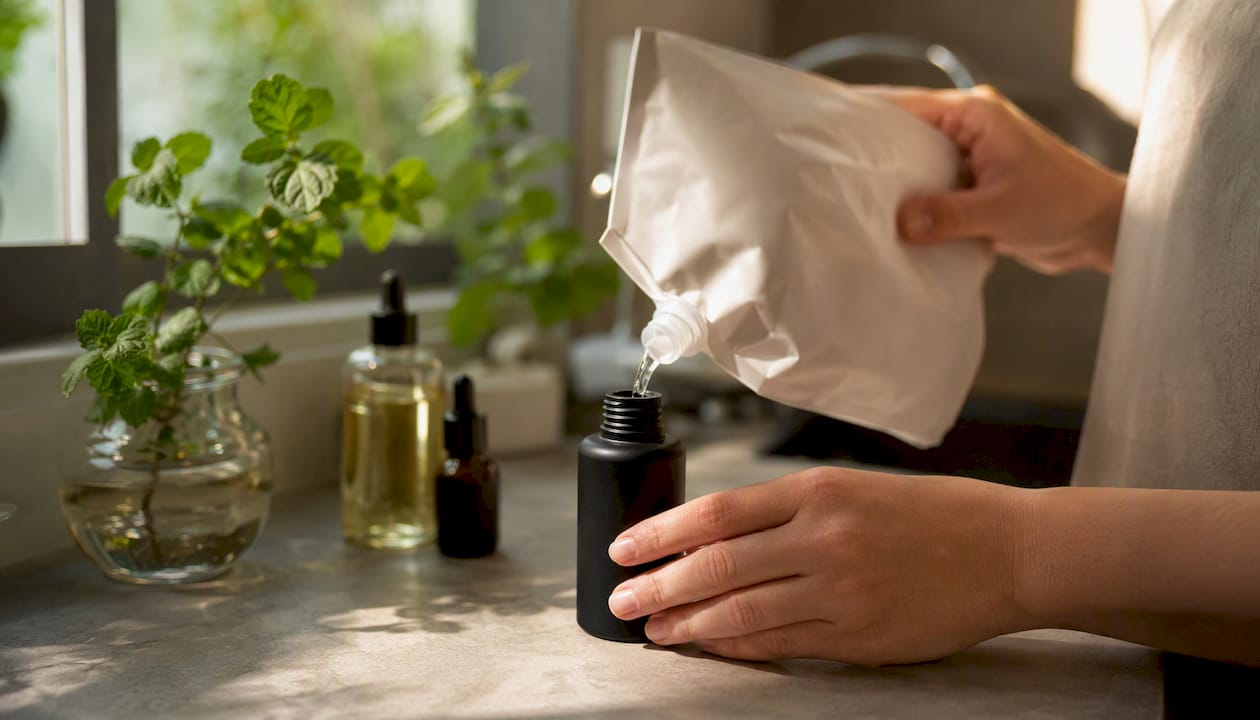 Hands handling refill pouch and bottle