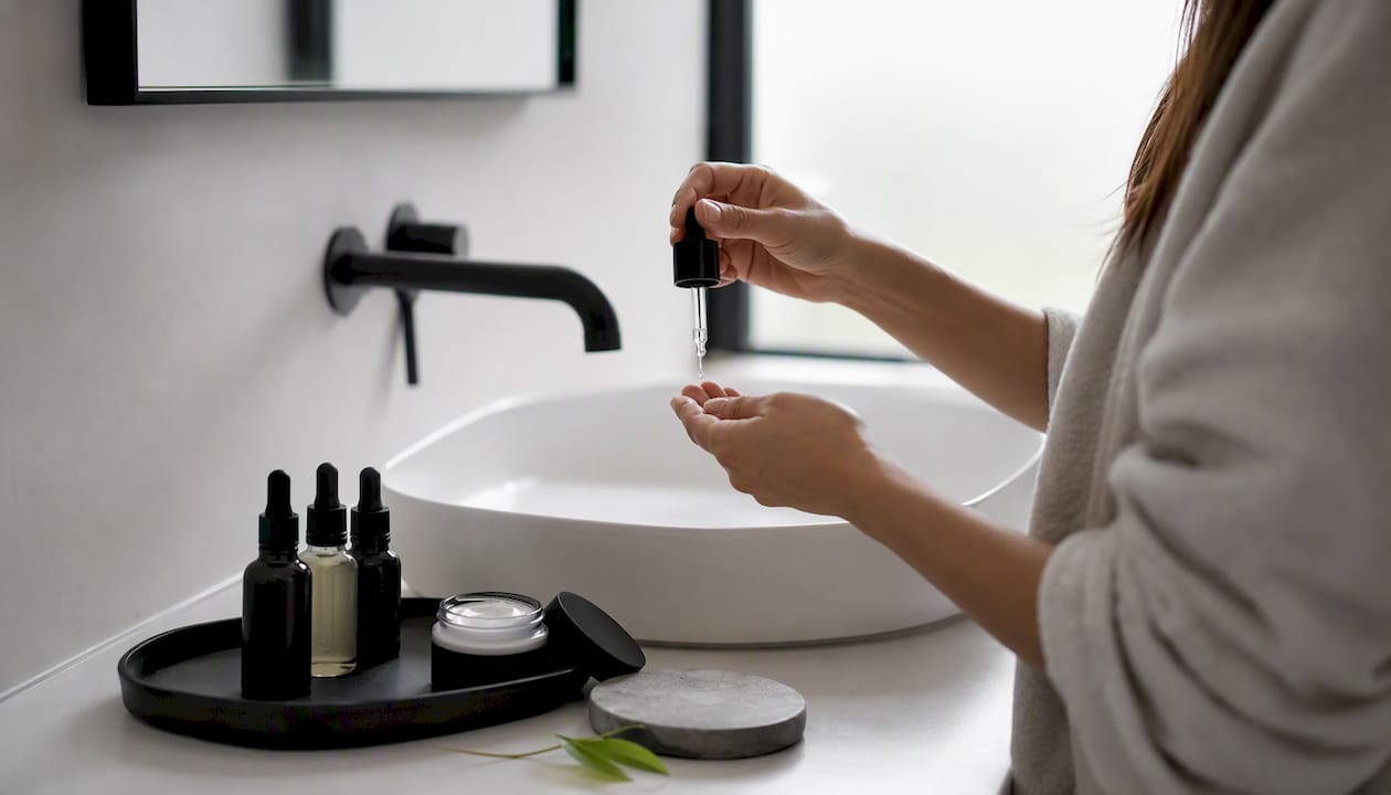 Hand applying botanical serum over white sink