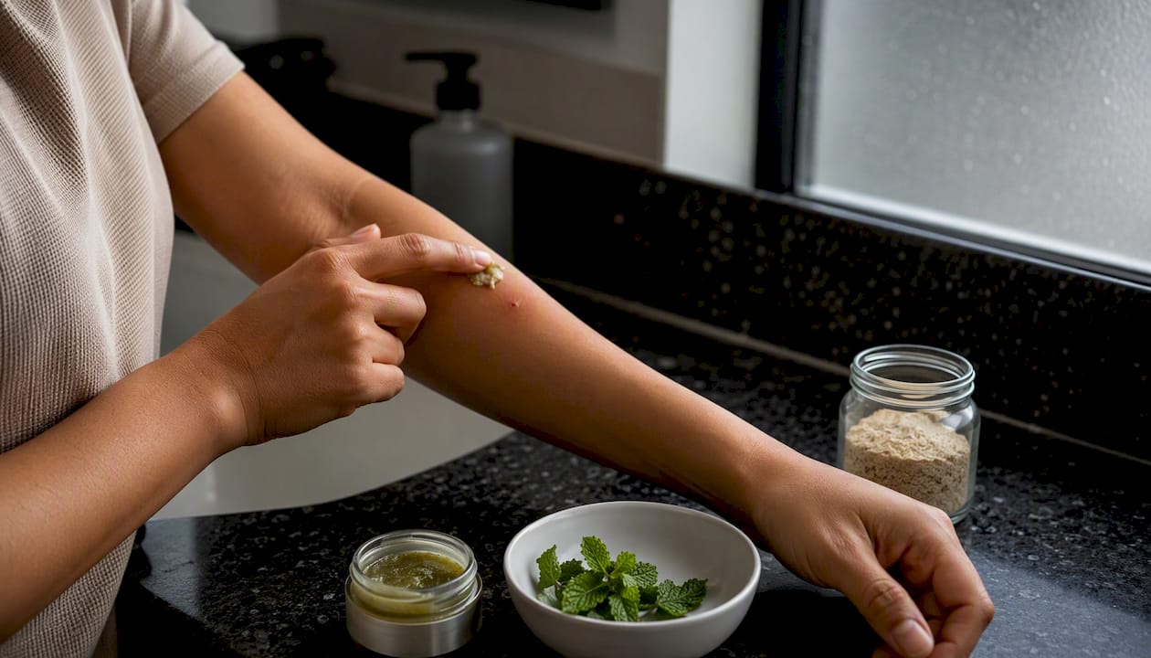 Person applying botanical cream on mosquito bite
