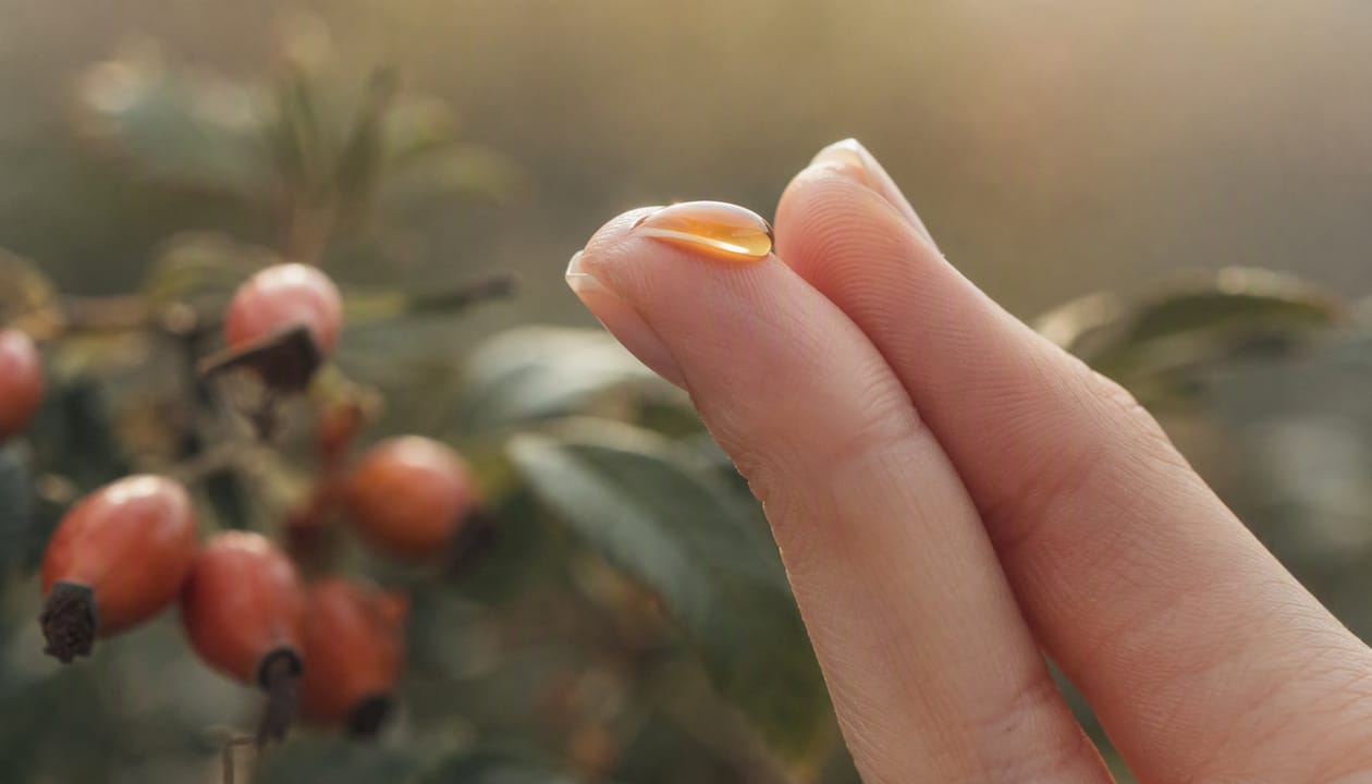 Fingertips holding rosehip oil droplet