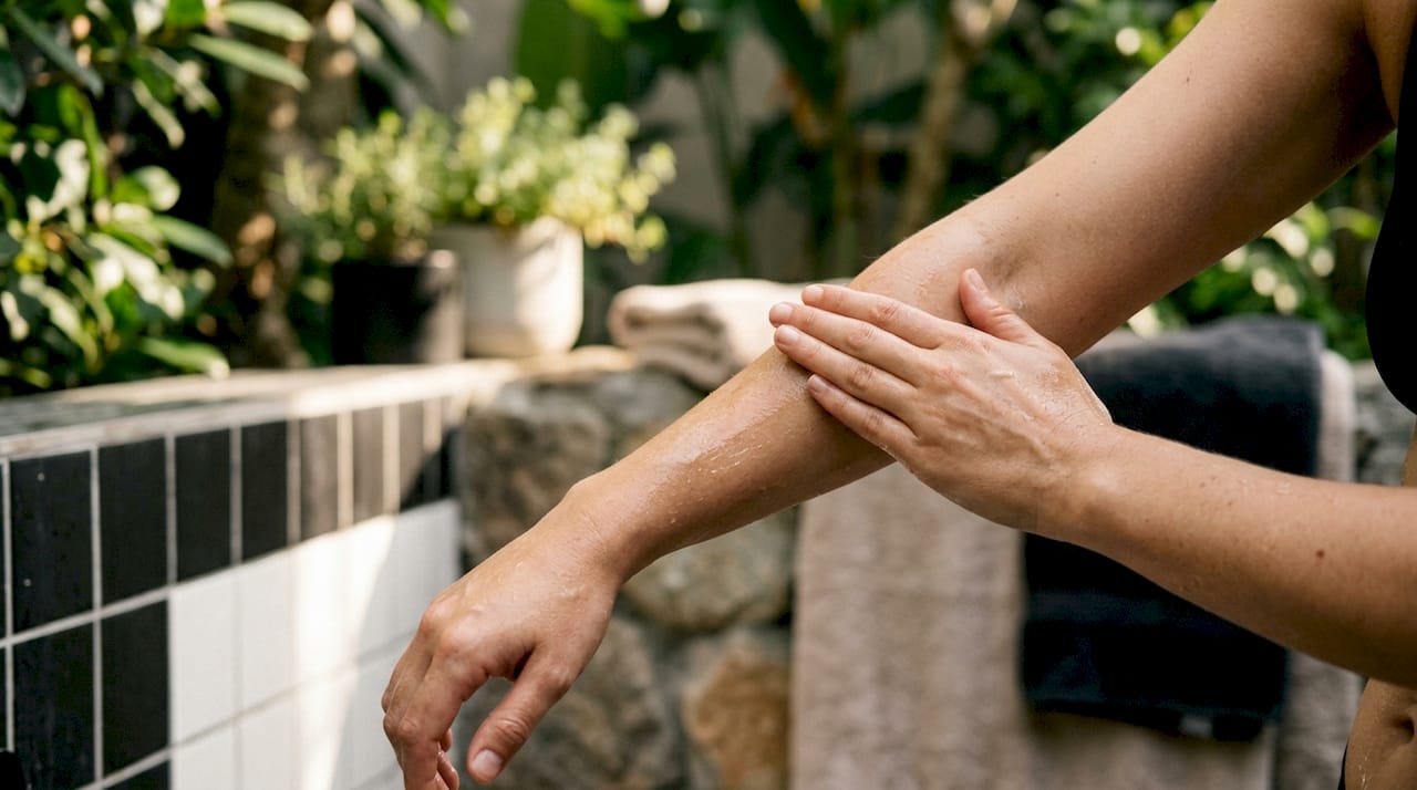 Hands applying body oil to damp skin post-shower