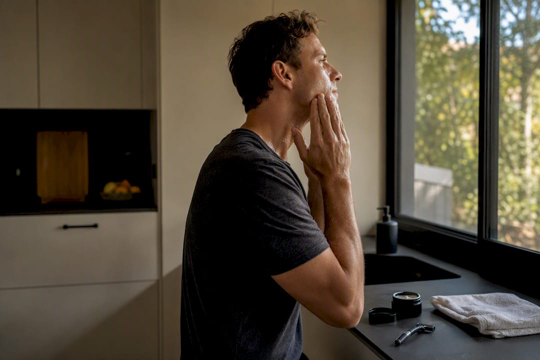 Hands applying moisturizer to freshly shaved face