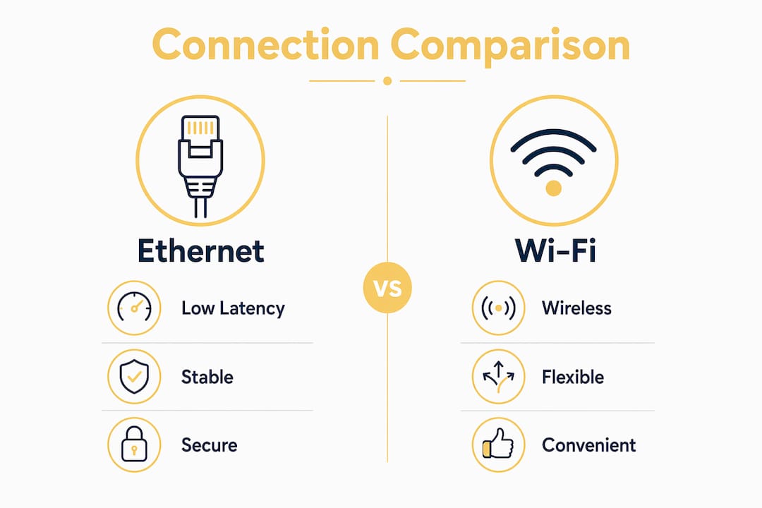 Infographic comparing Ethernet and Wi-Fi key features