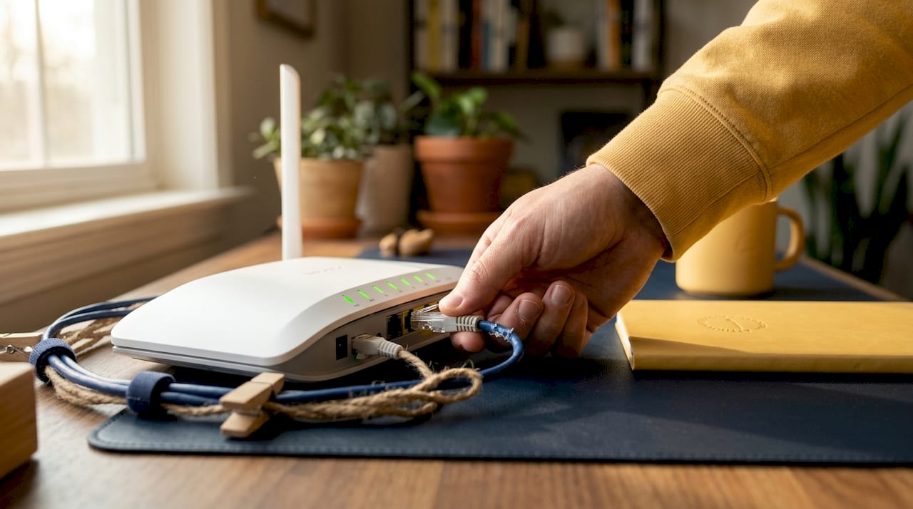 Hand plugging Ethernet cable into router